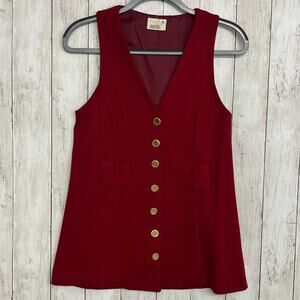 Marianne Fashions Red Sleeveless V Neck Gold Button Double Knit Vintage Vest 10